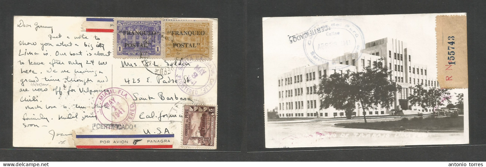 Peru. 1941 (April) Callao - USA, CA, Santa Barbara (3 May) Registered Air Multifkd Ppc Ovptd Issue R-cachet. Transited V - Pérou