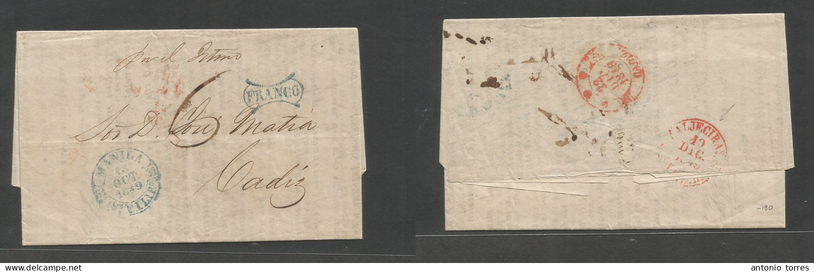 Philippines. 1849 (15 Oct) Manila - Cadiz, Peninsula (12 Dec) Carta Completa Con Texto Via Istmo, Suez Con Fechador Baez - Filipinas