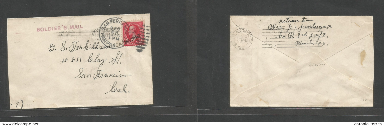 Philippines. 1900 (28 Dec) San Fernando Pampanga - USA, CA, San Francisco (Feb 3) Soldiers Mail. Fkd Env. 2c Red Ovptd, - Filippijnen