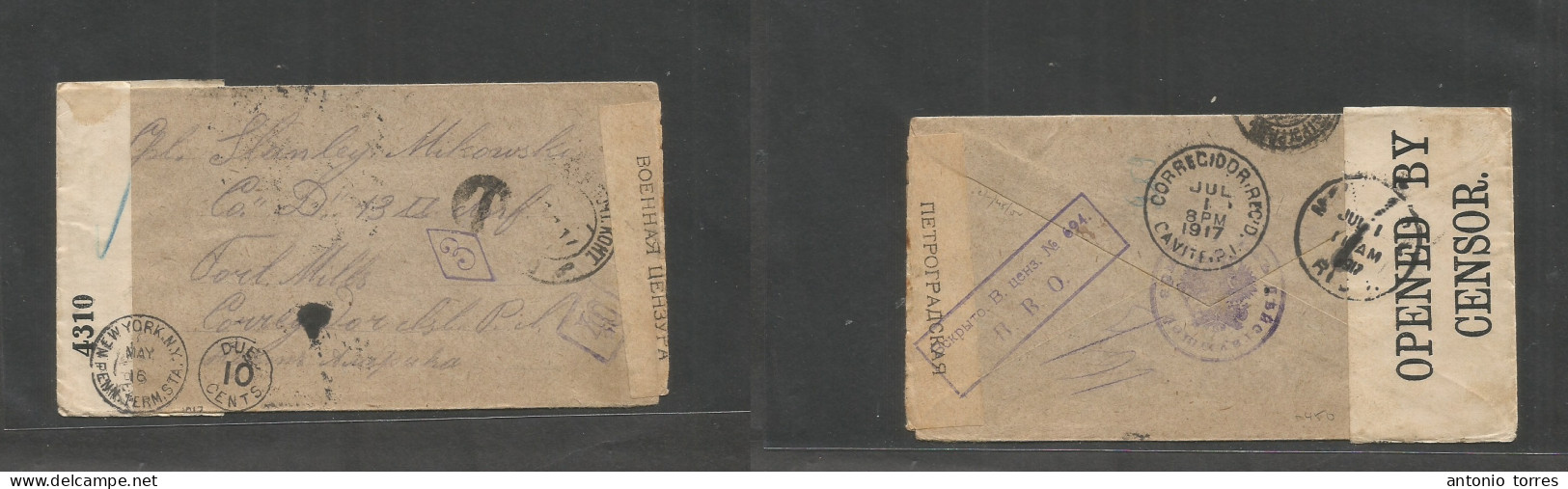 Russia. 1917 (March) Official Military Depart Censor Reverse Cachet Multifkd Envelope, NY Taxed On Usage To US Philippin - Autres & Non Classés