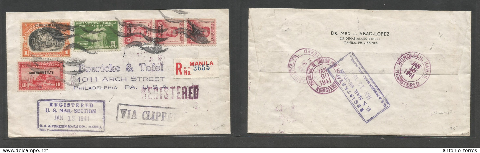 Philippines. 1941 (13 Jan) Manila - USA, Philadelphia, PA (20 Jan) Registered Air Via Pacific Clipper Mutlfkd Envelope O - Philippines