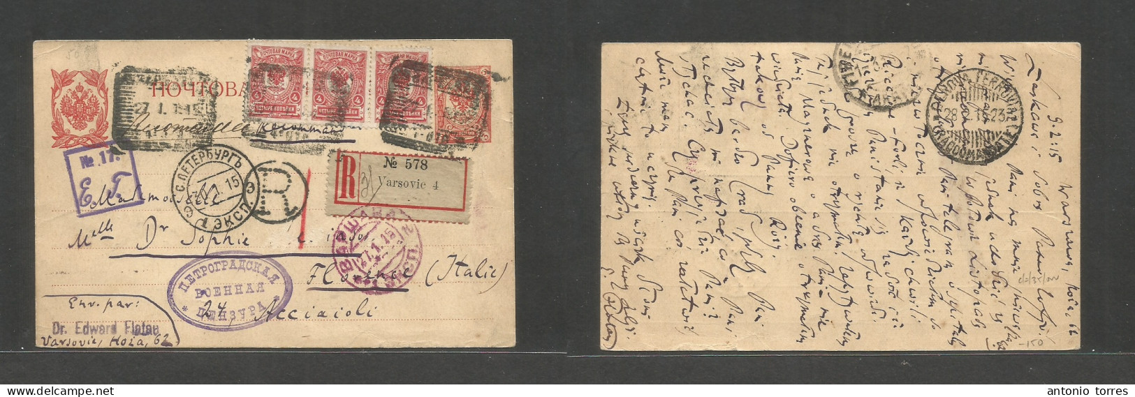 Poland. 1915 (27 Jan, Gregorian) Russia Postal Admin. Warsaw - Italy, Florence (28 Febr) Registered 3 Kop Red Stat Card - Autres & Non Classés