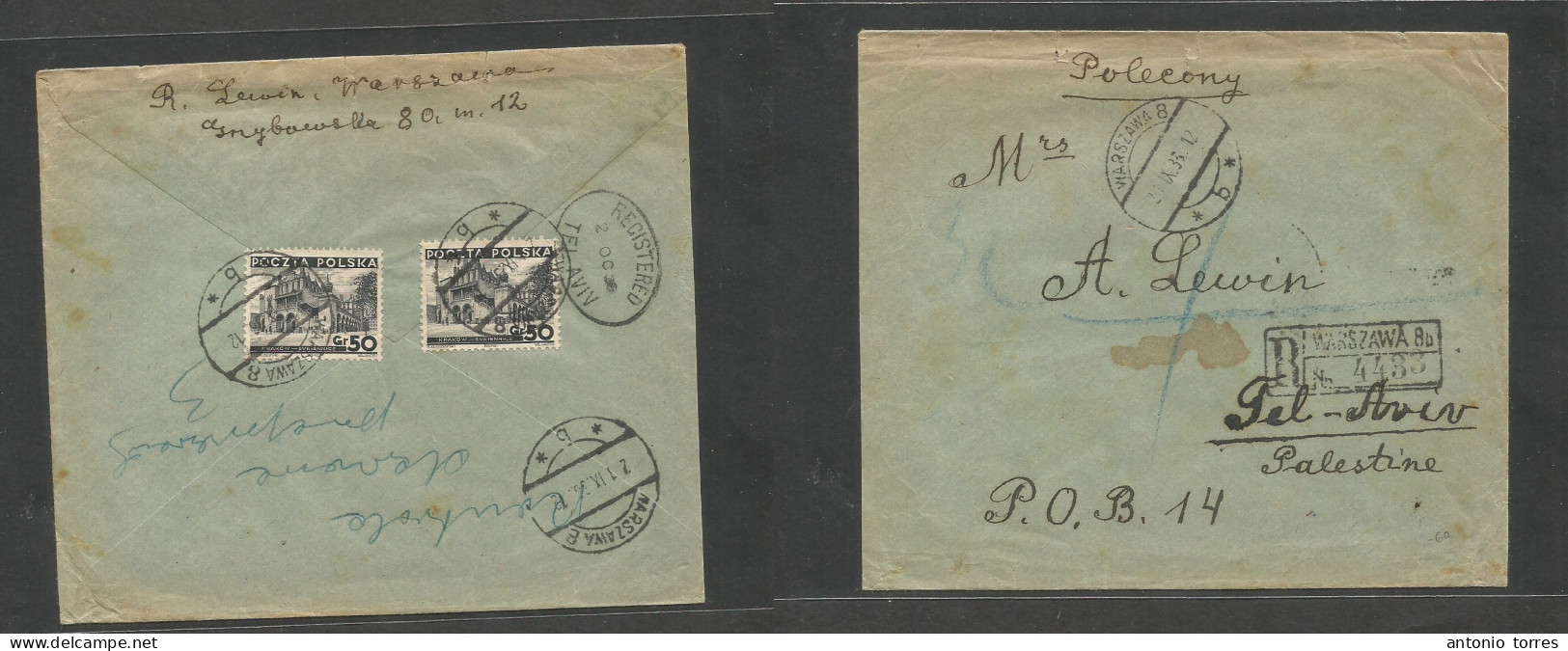 Poland. 1936 (21 Sept) Warsaw - Palestine, Tel Aviv (2 Oct) Registered Reverse Multifkd Envelope. Addresssed To A. Lewin - Sonstige & Ohne Zuordnung