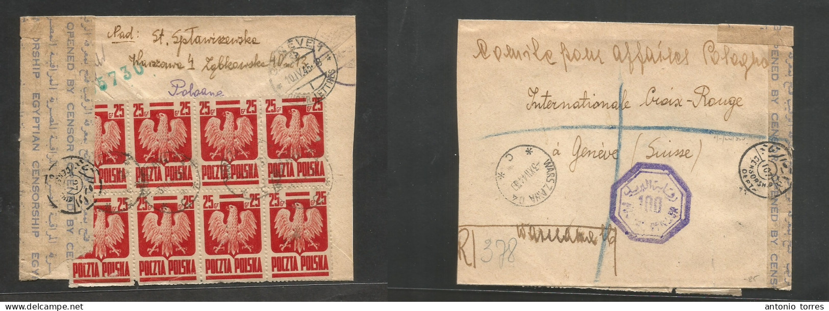 Poland. 1944 (3 Dec) Warsaw - Switzerland, Geneva (10 March 45) Red Cross. Multifkd Registered Reverse Envelope, Censore - Autres & Non Classés