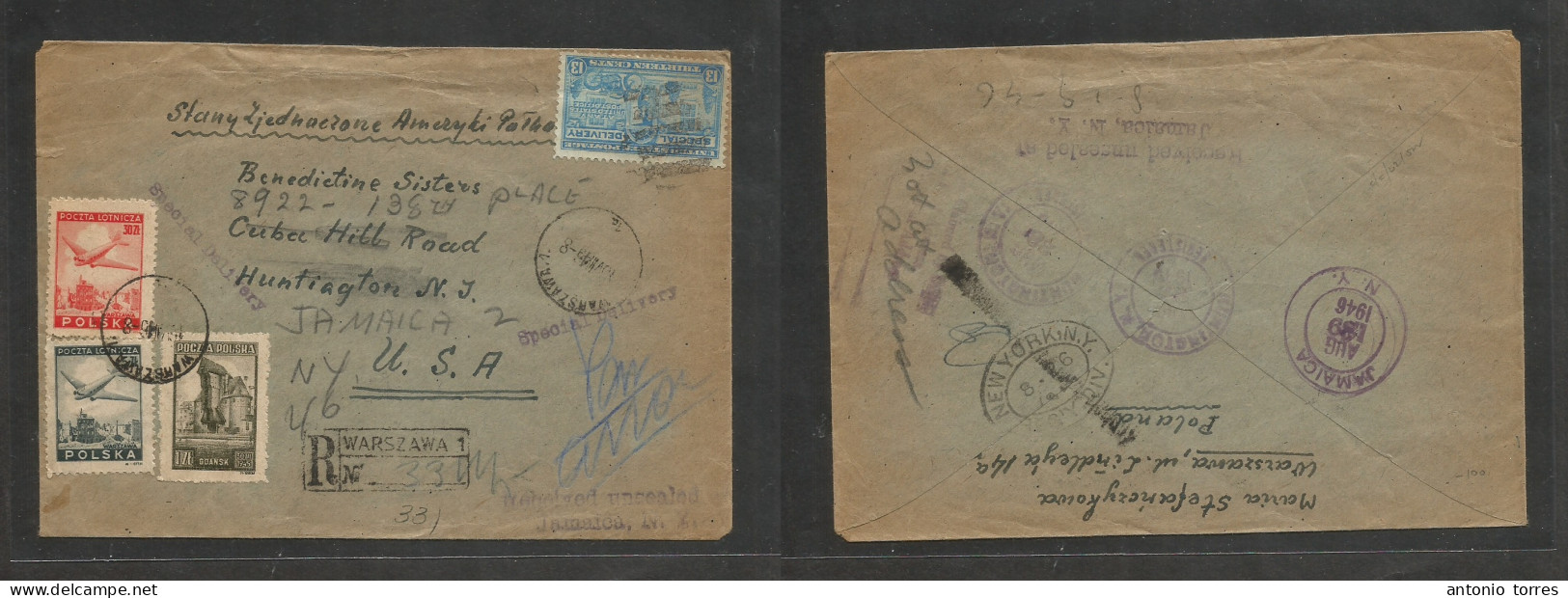 Poland. 1946 (16 Aug) Warsaw - USA, NJ, Huntington (28 Aug) Registered Multifkd Env, Received Unsealed + US 10c Blue Spe - Sonstige & Ohne Zuordnung