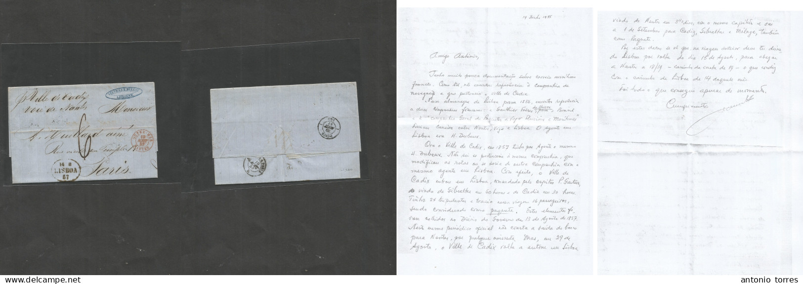 Portugal. 1857 (13 Aug) French Lines, Lisbon - France, Paris (20 Aug) EL Full Text "Via De Nantes / Ville De Cadiz" With - Autres & Non Classés