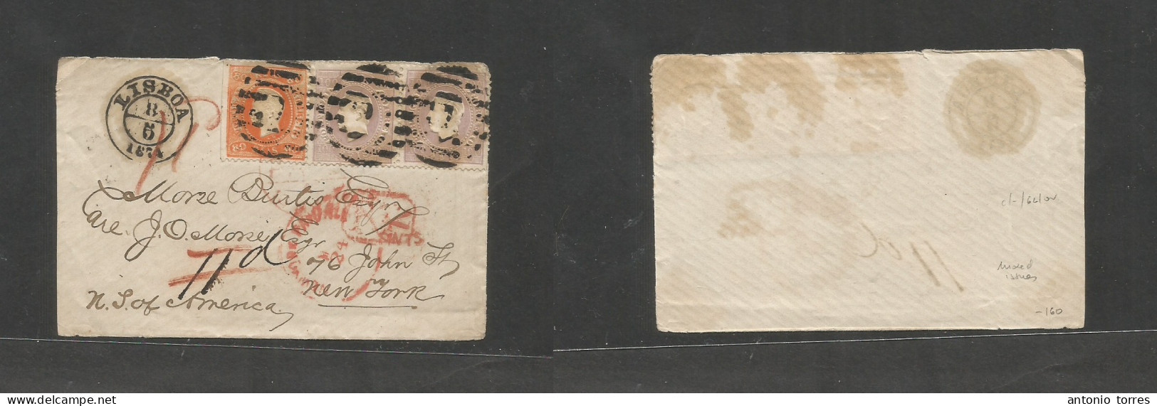 Portugal. 1874 (8 May) Lisboa - USA, NYC (24 May) Multifkd Envelope Front Bearing 80rs Orange + 100rs Lilac Horiz Pair, - Other & Unclassified