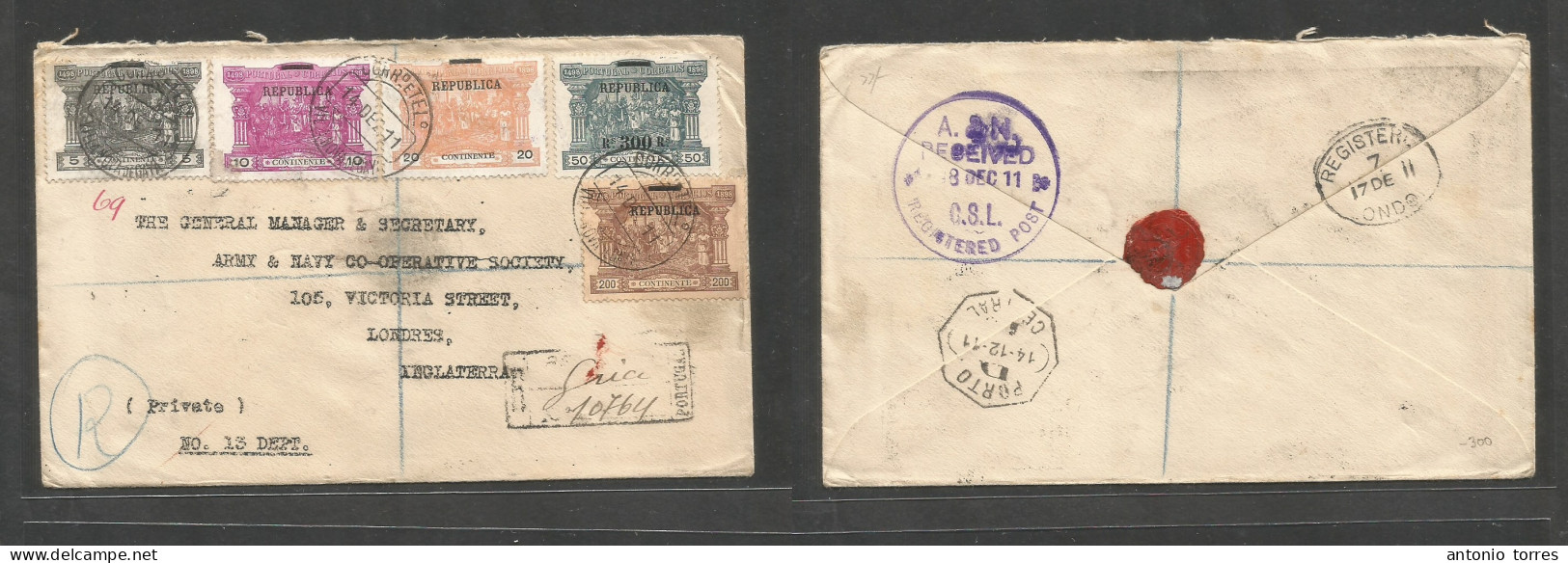 Portugal - Xx. 1911 (14 Dec) Vila Nova De Gaya - England, London (18 Dec) Via Lisbon Republic Comm. Usage On Registered - Sonstige & Ohne Zuordnung
