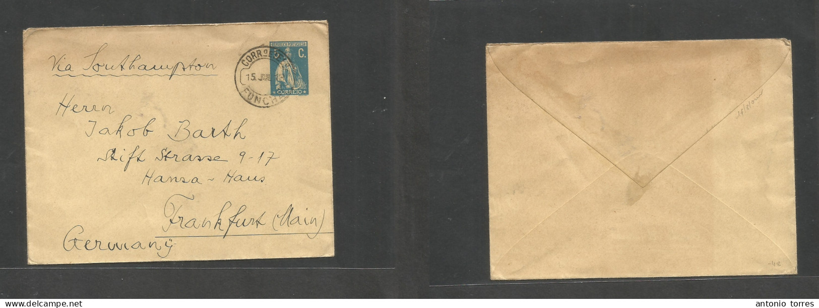 Portugal - Stationery. 1913 (15 July) Funchal, Madeira - Germany, Frankfurt. 5c Green Ceres Stationery Envelope (109x142 - Sonstige & Ohne Zuordnung