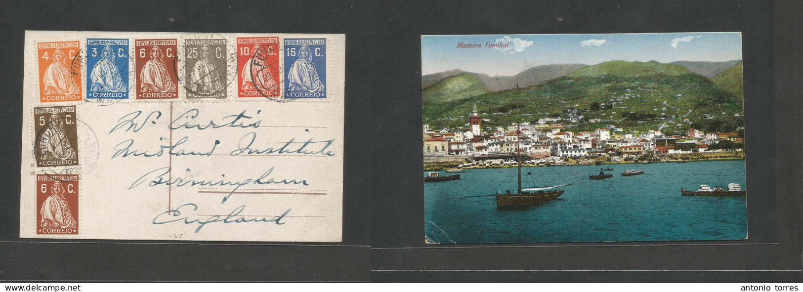 Portugal - Xx. 1938 (29 July) Funchal - England, Birmingham. Multifkd Late Ceres Issue Ppc, Tied Cds. Lovely Colorful Us - Other & Unclassified