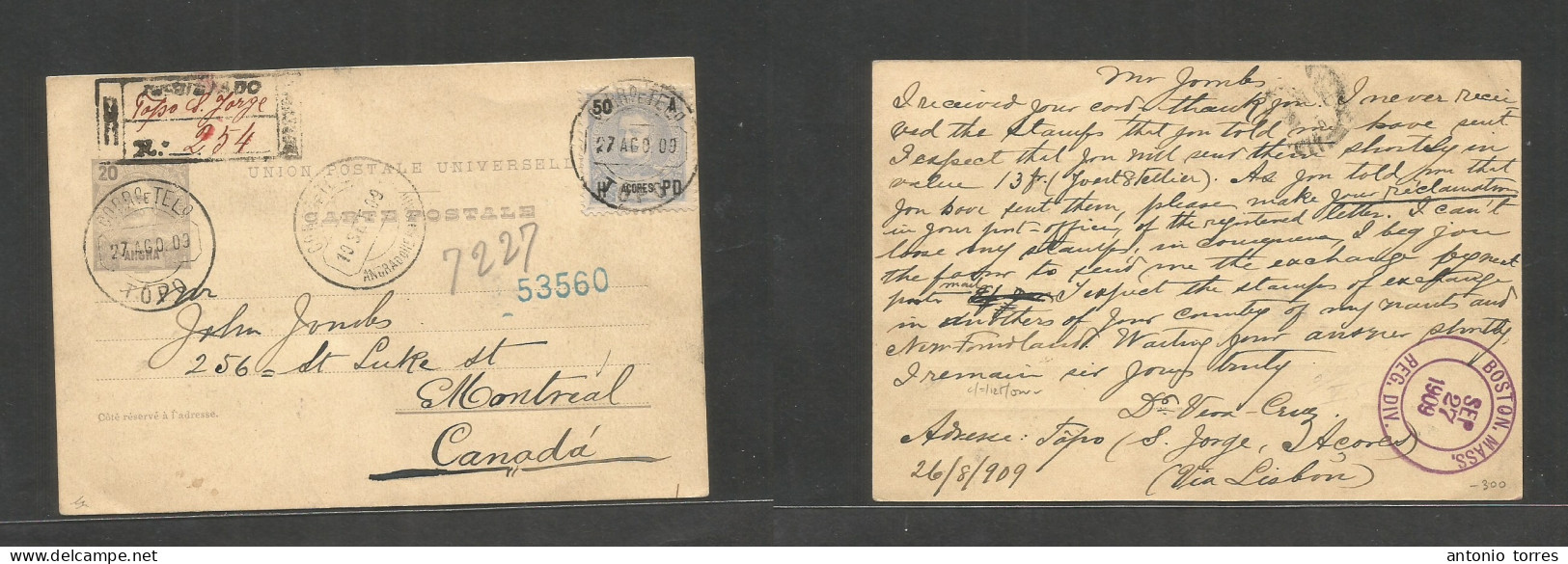 Portugal-Angra. 1909 (27 Aug) Topo - Canada, Montreal Via Angra - Boston, Mass (27 Sept) Registered 20r Lilac Stat Card - Other & Unclassified