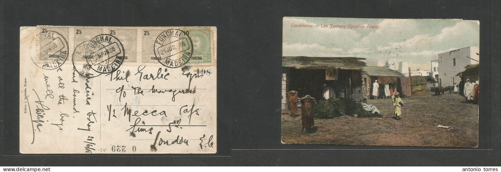 Portugal-Funchal. 1908 (25 June) Funchal, Madeira - London, UK (July 2) Multifkd Moncho Issue Ppc, At 20r Rate, Tied Cds - Other & Unclassified