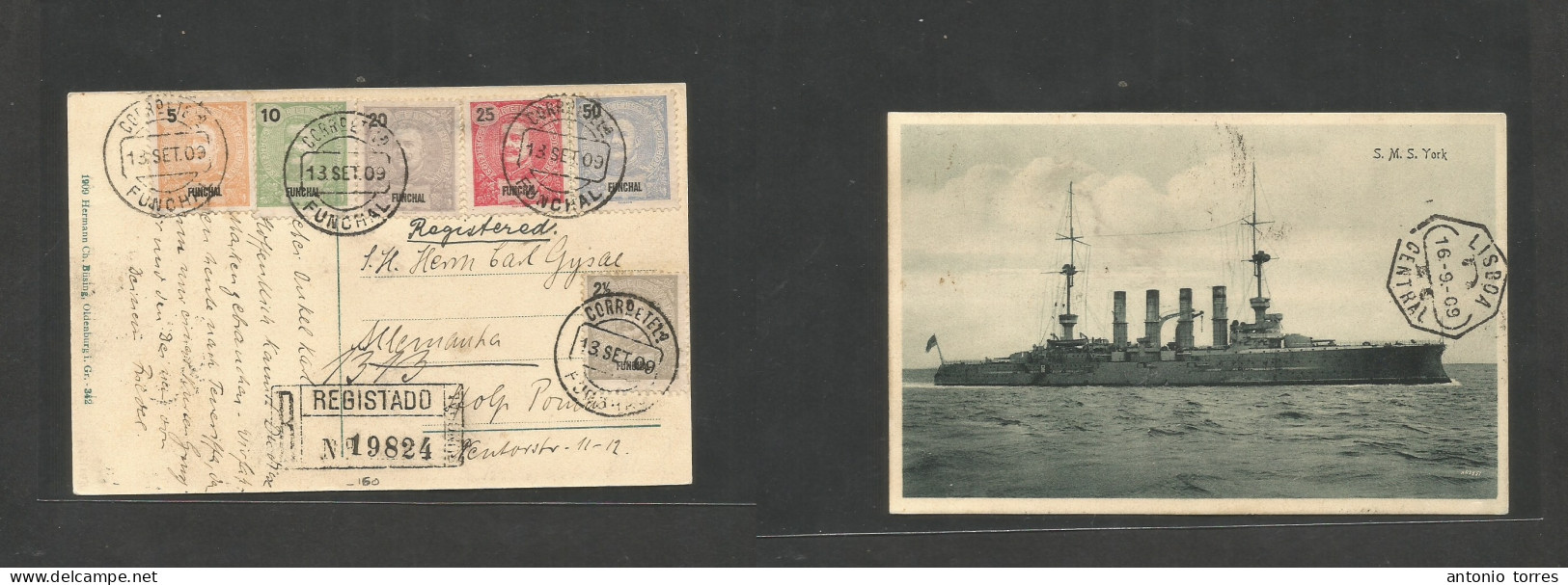 Portugal-Funchal. 1909 (13 Sept) Funchal, Maderia - Germany, Stolz Pomms. Registered Multifkd Mouchon Issue Ppc, Tied Cd - Other & Unclassified