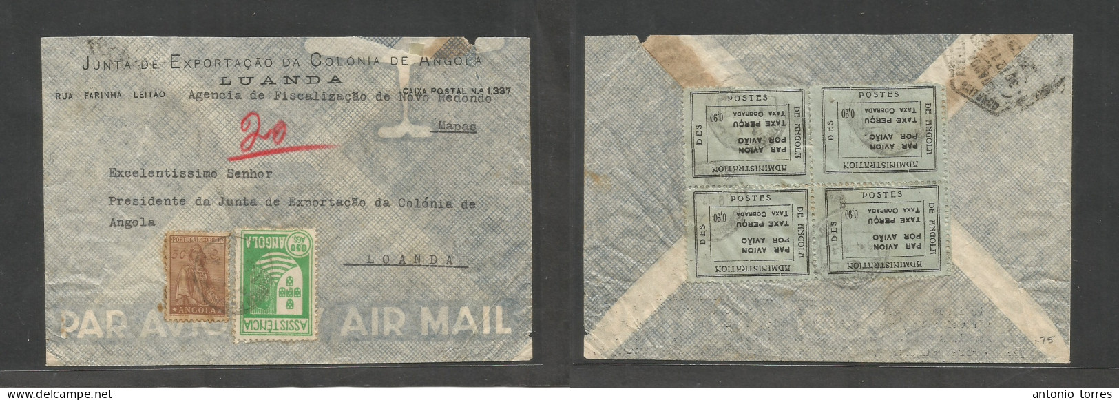 Portugal-Angola. 1939 Novo Redondo - Loanda. Front And Reverse Multifkd Airmail Envelope, Incl Local Assistencia + Air L - Other & Unclassified