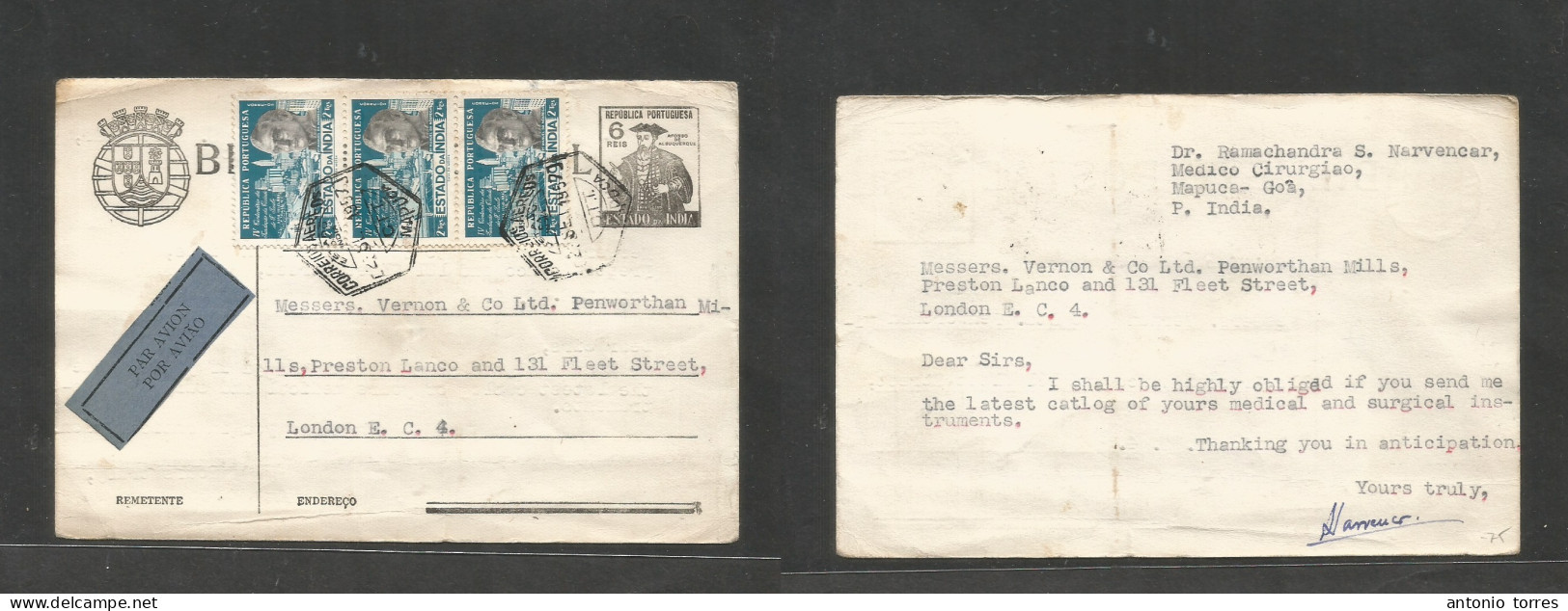 Portugal-India. 1957 (23 Sept) Mapuca - London, UK. Air Multifkd Alburquerque 6 Reis Stationary Card. VF And Scarce Usag - Autres & Non Classés