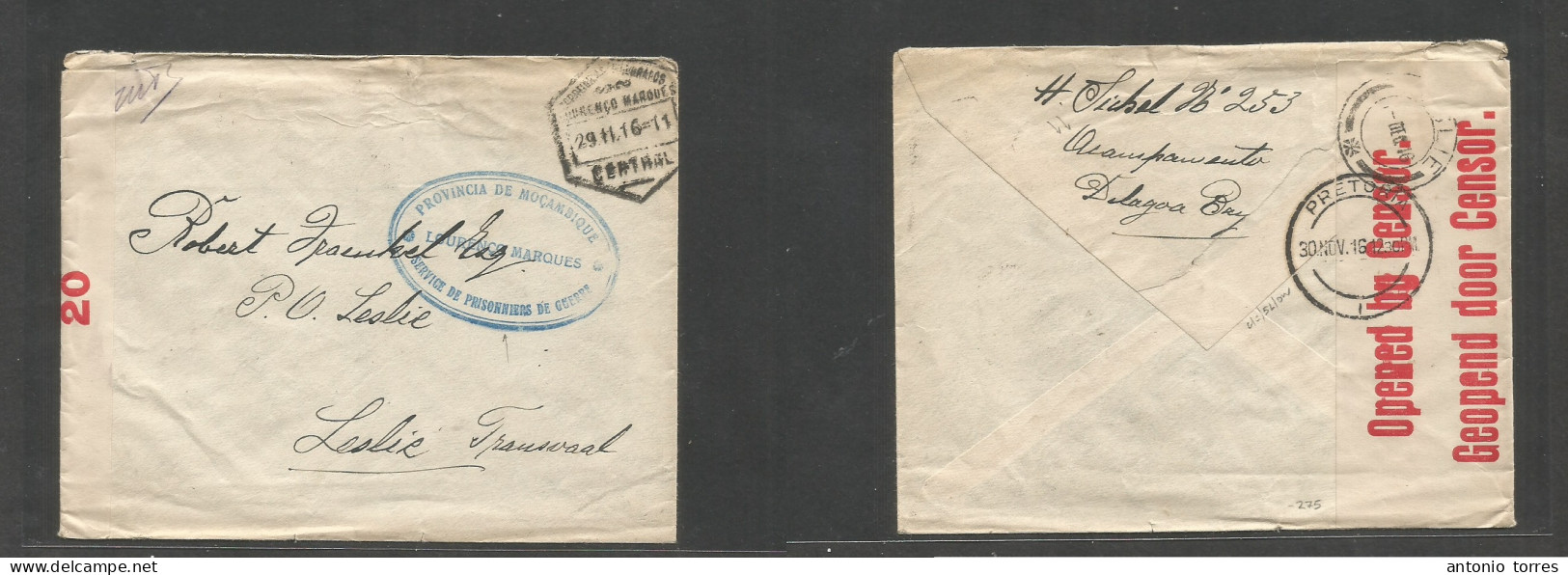 Portugal-Mozambique. 1916 (29 Nov) L. Marques - Transvaal, Leslie (1 Dec) POW Mail, Acampamento. Stampless Env, Oval Blu - Otros & Sin Clasificación