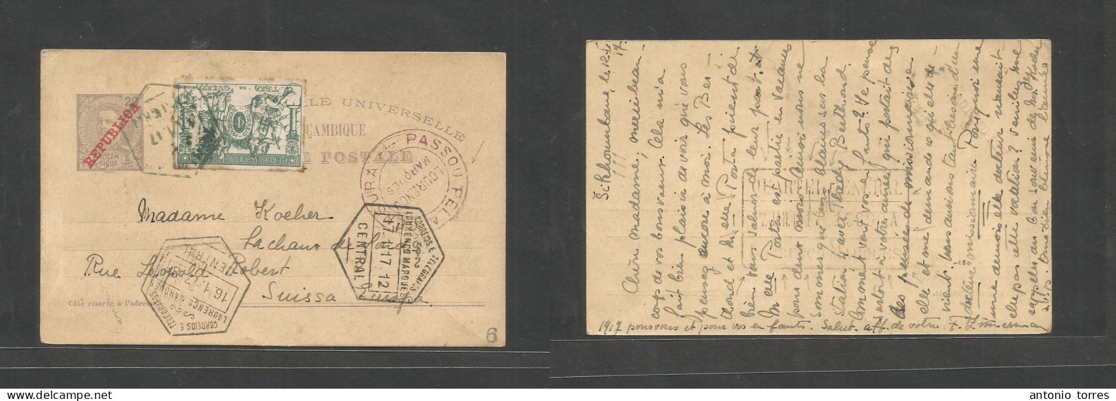 Portugal-Mozambique. 1917 (12 Jan) "Quartier General Exercito Maniobres" Silchoumbane - Switzerland, Chaux De Fonds. 20r - Other & Unclassified