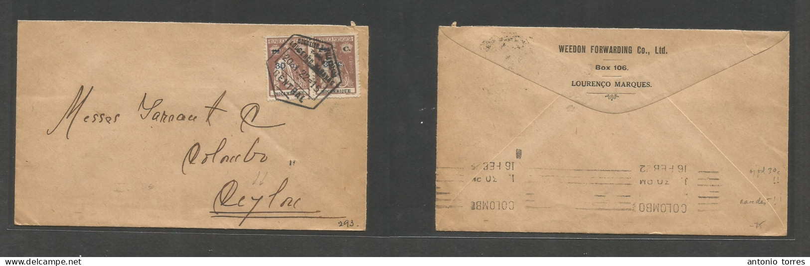 Portugal-Mozambique. 1922 (20 Jan) L. Marques - Ceylon, Colombo, Indian Ocean (16 Feb) Ceres Multifkd Env, At 60c Rate. - Autres & Non Classés