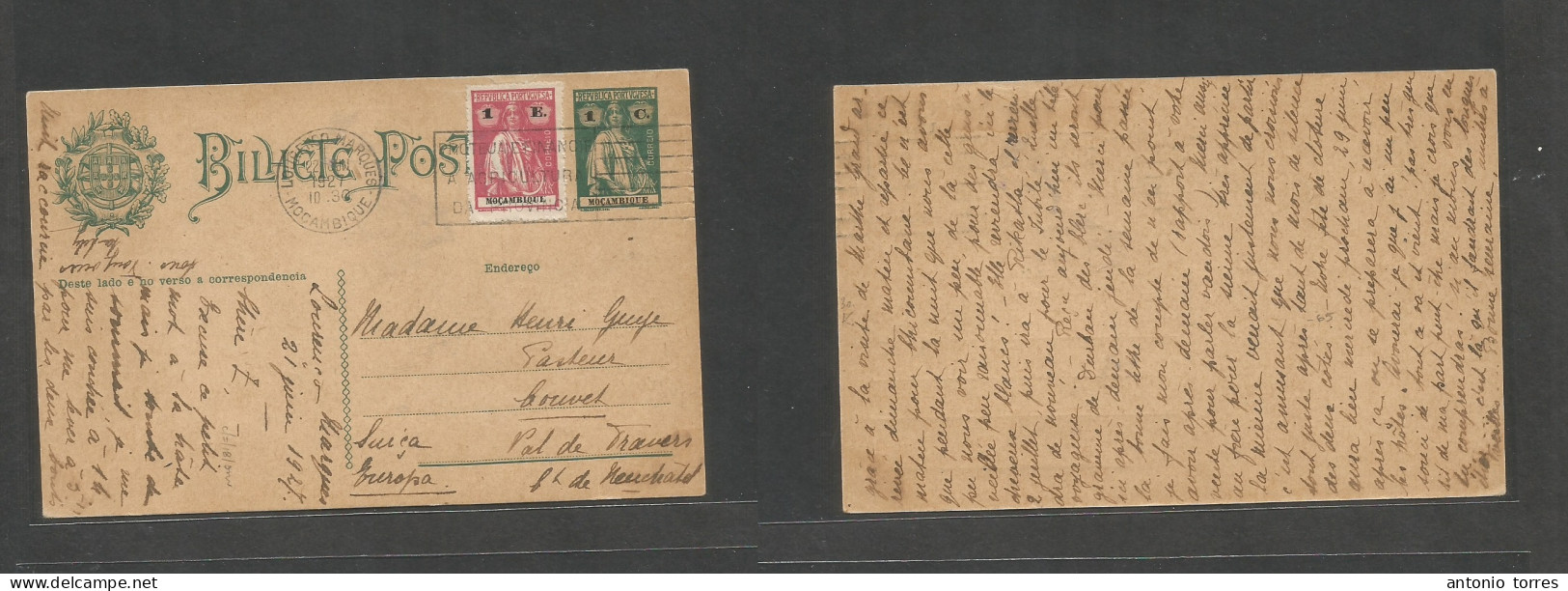 Portugal-Mozambique. 1927 (22 June) L. Marques - Switzerland, Couvet. 1c Green Ceres Stat Card + 1 Escudo, Rolling Sloga - Autres & Non Classés
