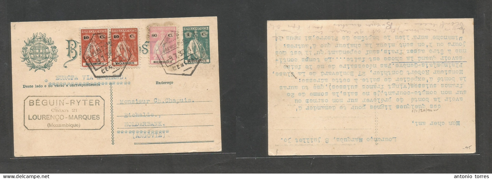 Portugal-Mozambique. 1930 (9 July) L. Marques - Argove, Aargau, Switzerland, 1c Green Ceres Stat Card + 3 Adtls, Tied He - Sonstige & Ohne Zuordnung