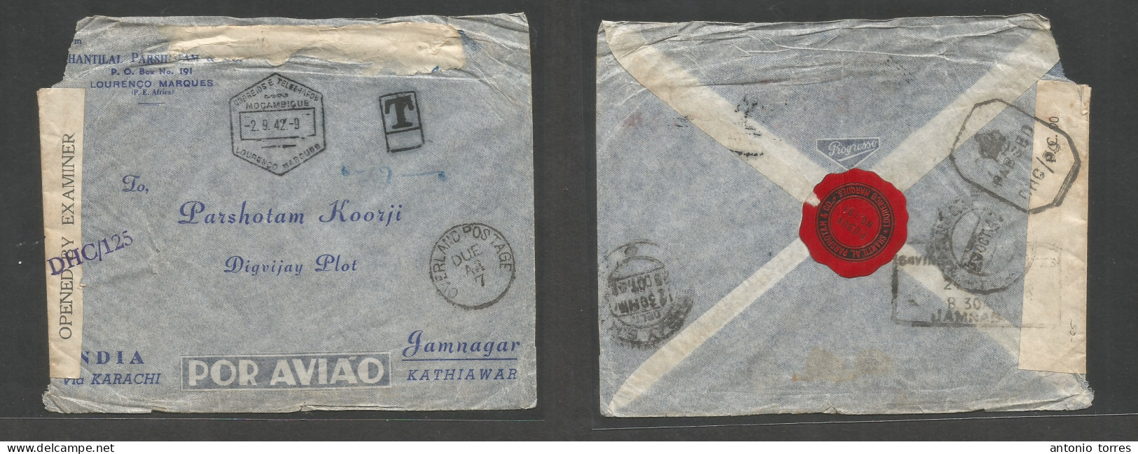 Portugal-Mozambique. 1942 (2 Sept) L. Marques - India, Jamnagar (25 Oct) Unfranked Comercial Envelope, Taxed "T" Cachet - Autres & Non Classés