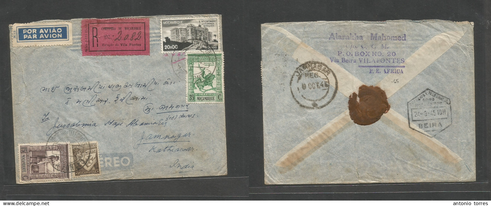 Portugal-Mozambique. 1945 (24 Sept) Vila Fontes - India, Jamnagar (9 Oct) Registered Air Multifkd Env, Mixed Issues, Tie - Sonstige & Ohne Zuordnung