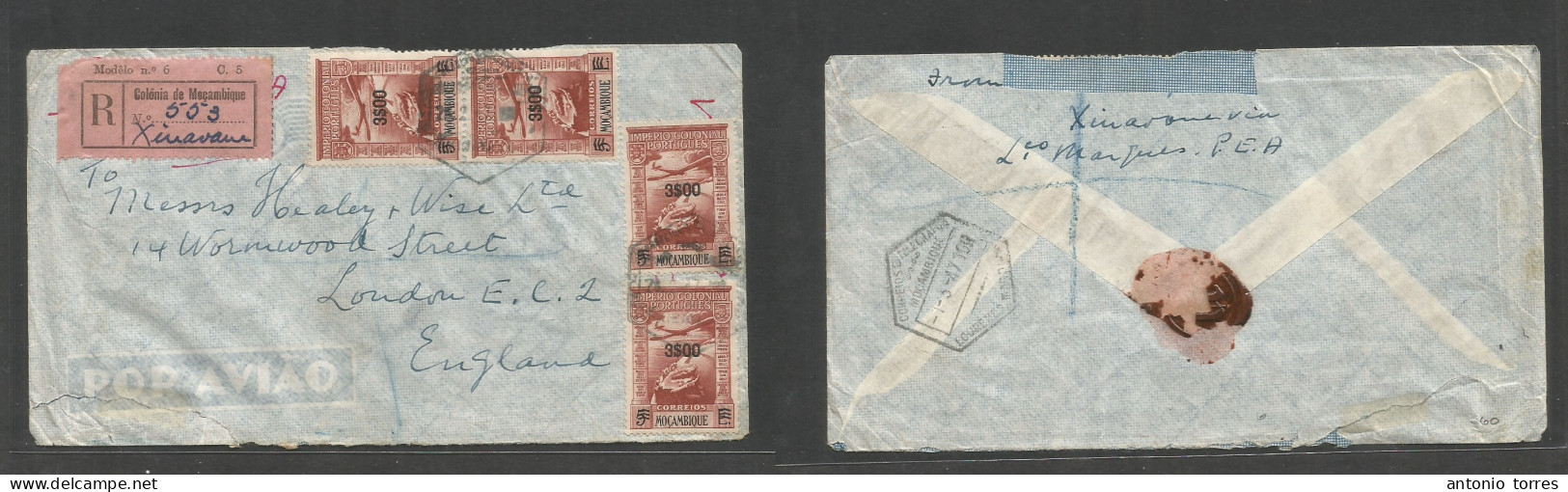 Portugal-Mozambique. 1947 (24 Febr) Xinavane - England, London. Registered Air Multifkd Ovptd Issue Envelope. Reverse Tr - Other & Unclassified