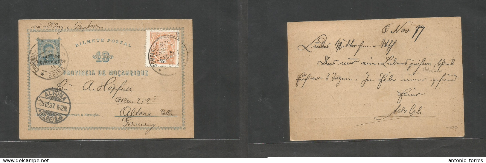 Portugal-Mozambique Company. 1897 (6 Nov) Beira - Germany, Altona (23 Dec) Overprinted 10rs Blue Early Stat Card + 5 Rs - Otros & Sin Clasificación