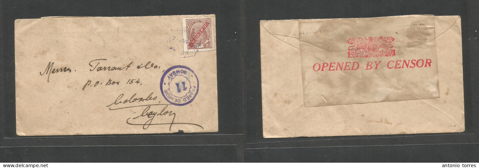 Portugal-Mozambique Company. 1918 (7 Jan) Beira - Ceylon, Colombo, Indian Ocean. 50rs Fkd Env, Reverse Bombay British In - Altri & Non Classificati