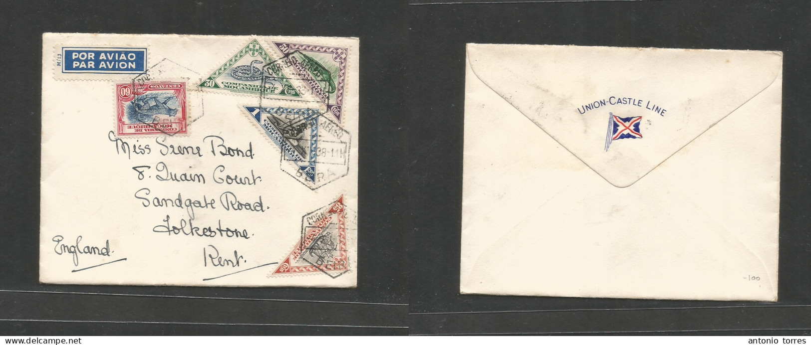 Portugal-Mozambique Company. 1938 (4 Nov) Beira - UK, Kent, Folkestone. Air Multifkd Envelope, Triangular Issue, Fauna. - Other & Unclassified