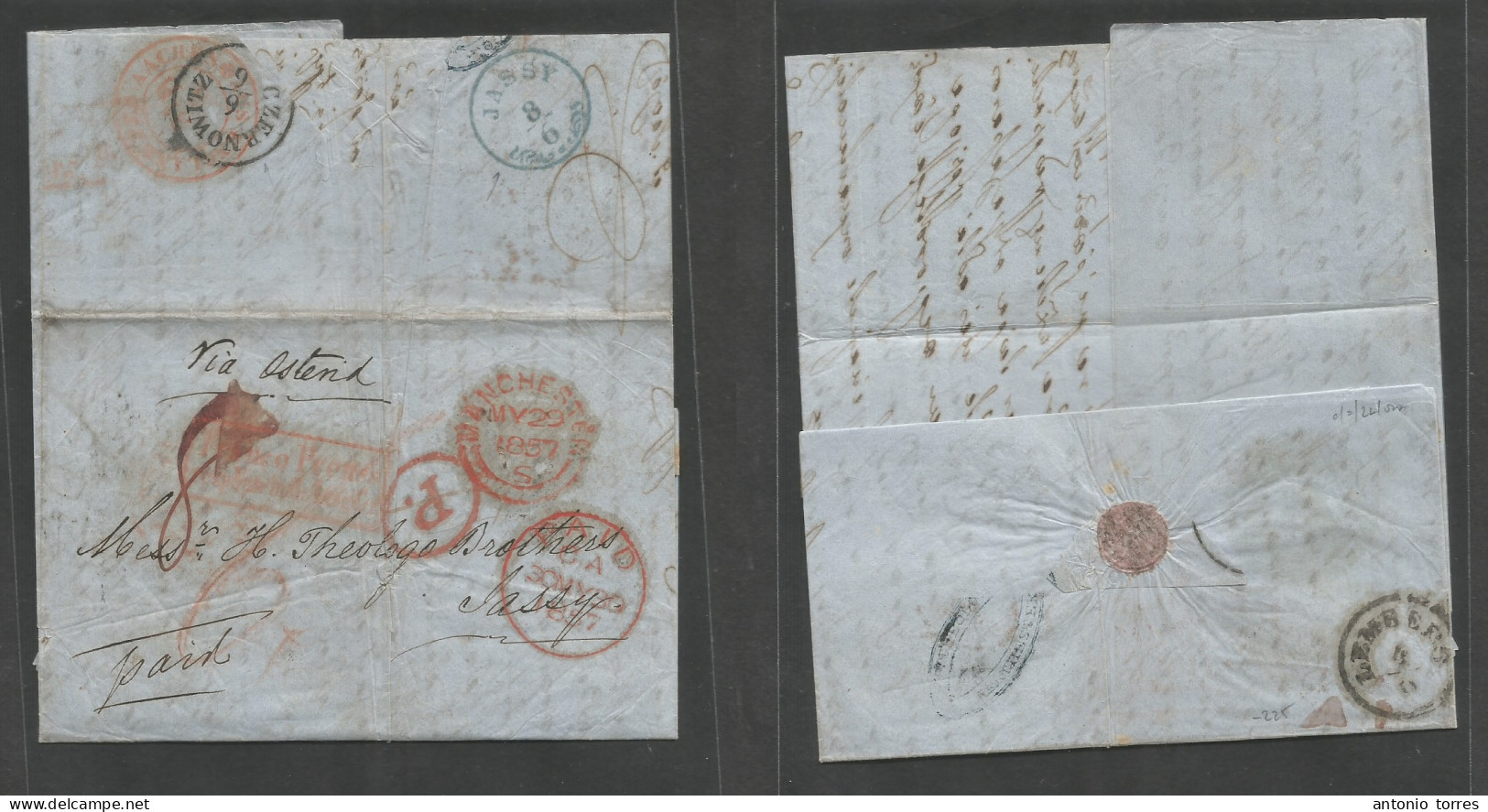 Romania. 1857 (29 May) UK, Manchester - Jassy (8 June) Stampless EL With Contains, Cash Paid Via London, Ostende - Pruss - Autres & Non Classés