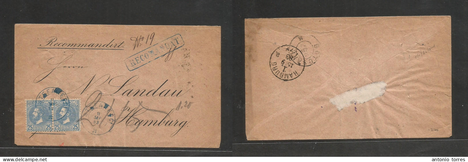 Romania. 1883 (11 Sept) Stefanesci - Germany, Hamburg (15 Sept) Via Botosani. Registered Multifkd Envelope 25 Bani Pair, - Other & Unclassified