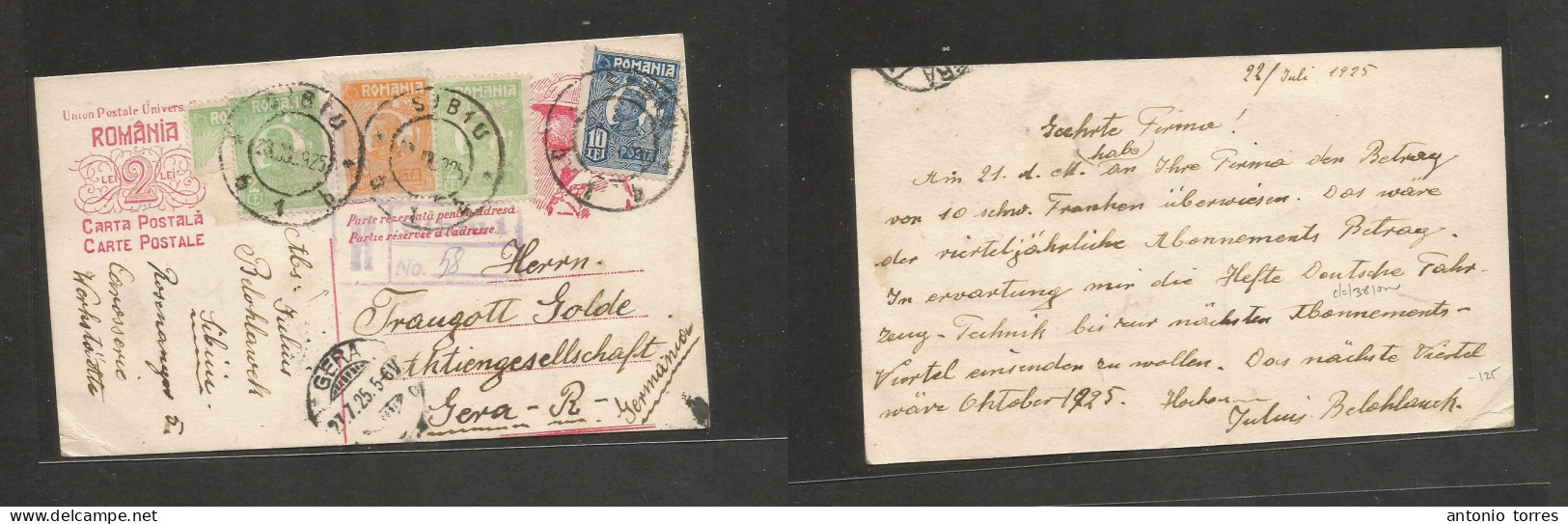 Romania. 1925 (22-23 July) Sibiu - Germany, Gera (27 July) Registered Illustrated Multifkd Stat Card + 4 Adtls, Tied Cds - Otros & Sin Clasificación