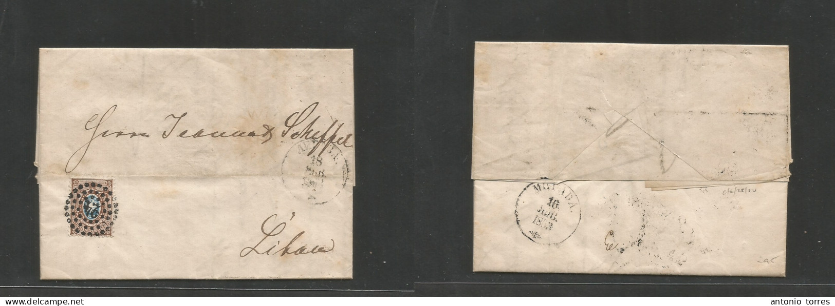 Russia. 1863 (14-16 Jan) Mitau - Libau (Baltic, Latvia) EL With Text, Fkd 10 Kop Bicolor Perf Tied "24" Dots Circle, Cds - Other & Unclassified