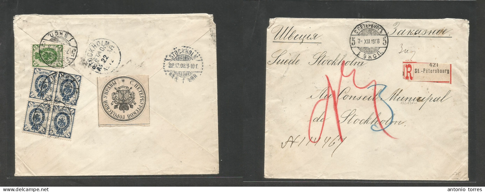 Russia. 1908 (7 Dec, Gregorian) St. Petersburg - Stockholm, Sweden (22 Dec) Registered Reverse Multifkd Envelope Bearing - Autres & Non Classés