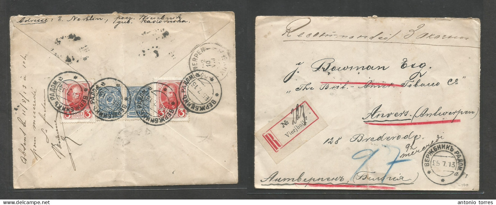 Russia. 1913 (25 July) Vierjbrik - Belgium, Anvers (10 Aug) Reverse Registered Multifkd Envelope Mixed Issues. VF + Brit - Otros & Sin Clasificación