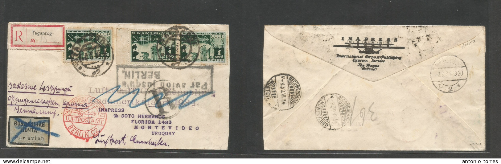 Russia. 1934 (7 June) Zeppelin Sudamerica Flight Modified Registered Air Multifkd Envelope Via Berlin. Tagannog - URUGUA - Andere & Zonder Classificatie