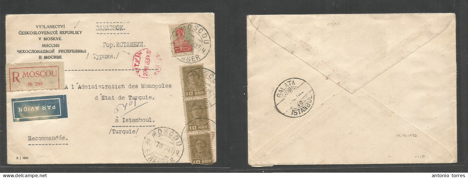 Russia. 1936 (17 Dec) Moscow - Turkey, Istambul (21 Dec) Czech Republic Consulate. Air Registered Multifkd Env. Arrival - Autres & Non Classés