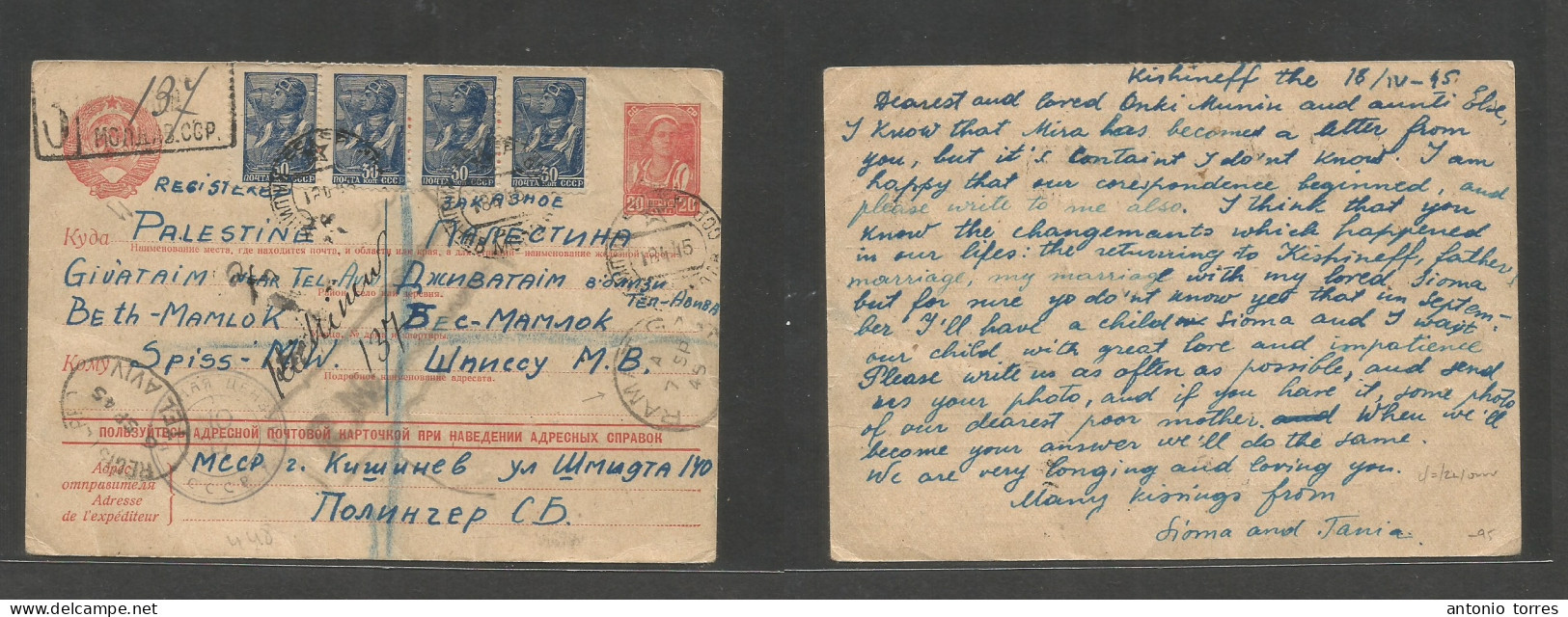 Russia. 1945 (18 April) Kishireff - Palestine, Beth, Momlok, Givatain (6 Sept 45) Registered 20k Red Stat Card + Four Ad - Other & Unclassified