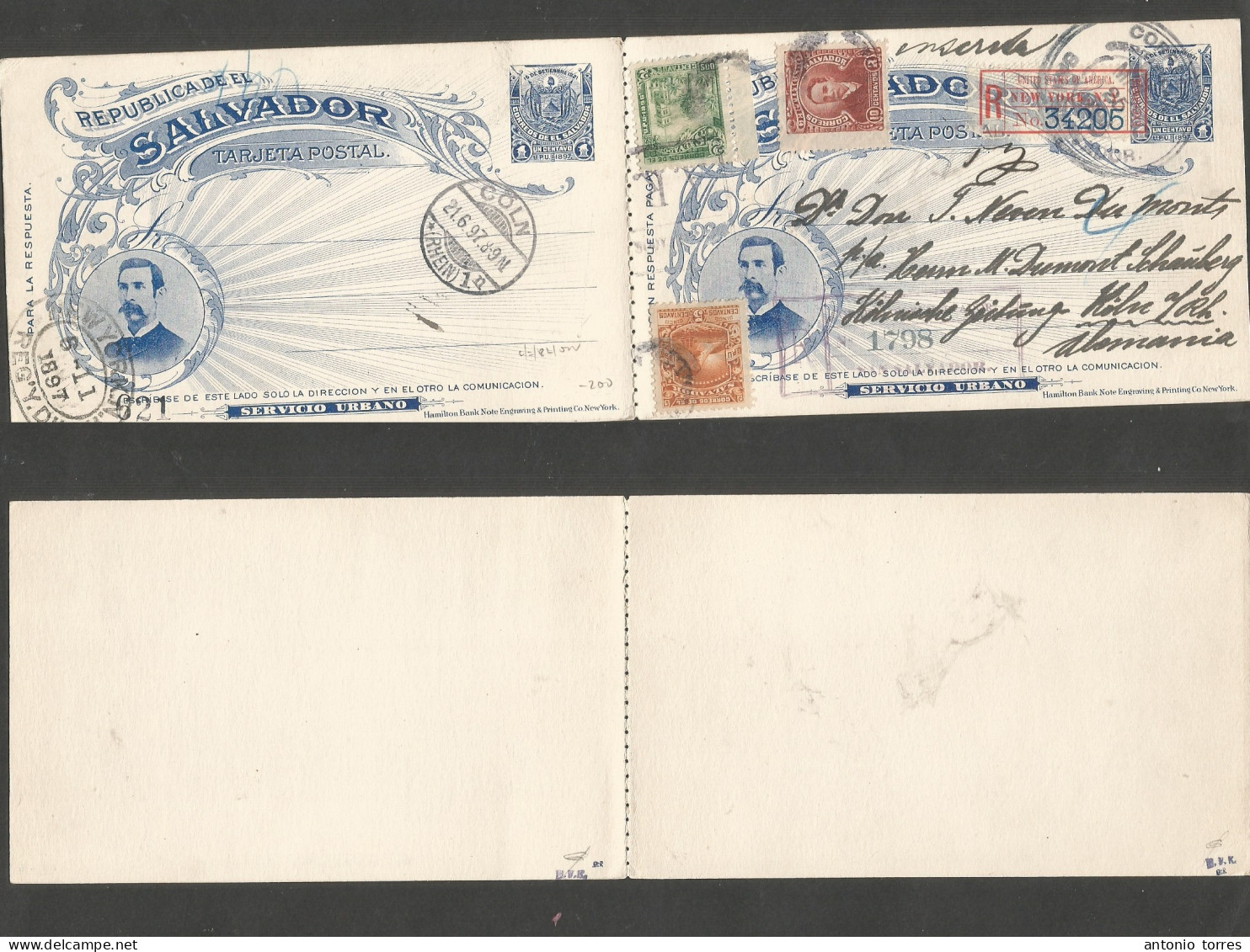 Salvador, El. 1897 (25 May) GPO - Germany, Koln (21 June) Registered Multifkd Doble 1c Blue Illustrated Stationary Card - El Salvador