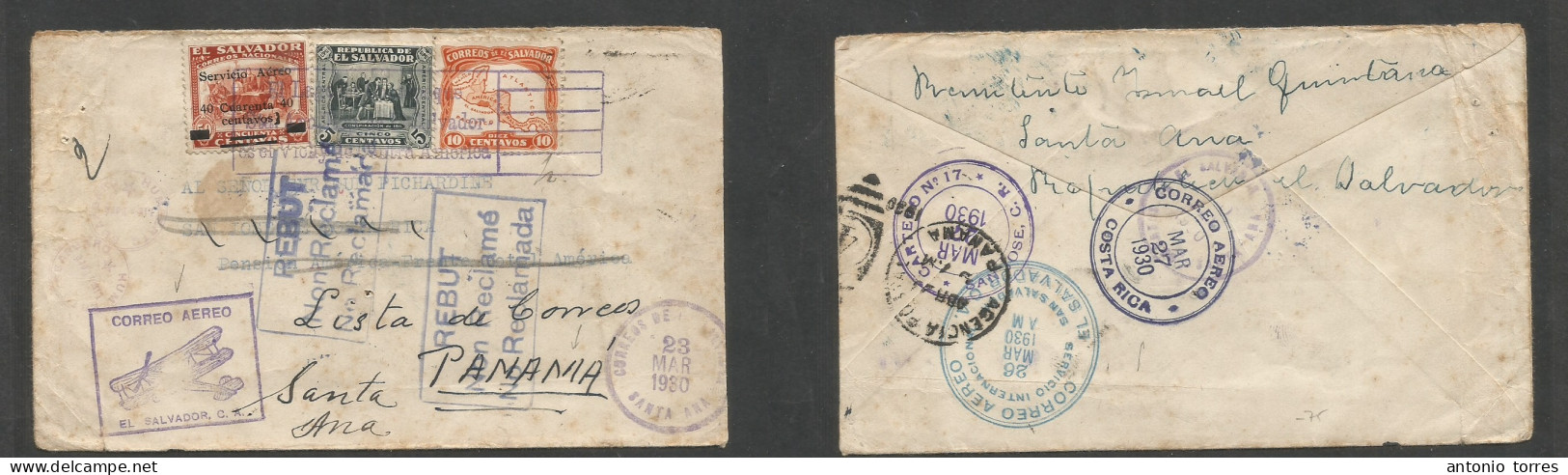 Salvador, El. 1930 (23 March) Santa Ana - Panama (23 Apr) Multifkd Ovptd Envelope, Various Air Cachets Front + Transits - El Salvador