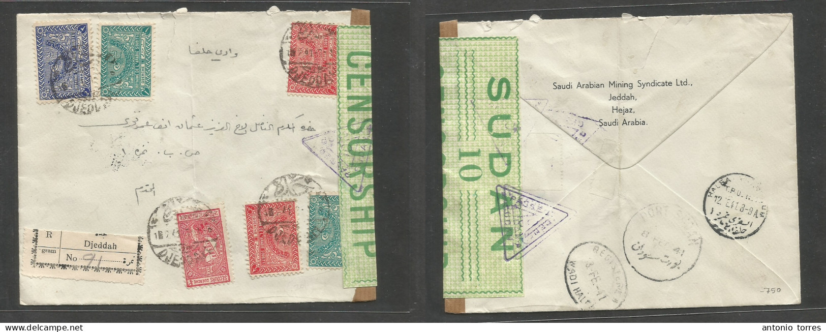 Saudi Arabia. 1941 (18 Febr) Djeddah - SUDAN, Wadi Halfa (13 Feb) Via Port Sudan, TPO Sudan. Reverse Cds. Registered Mul - Saudi Arabia