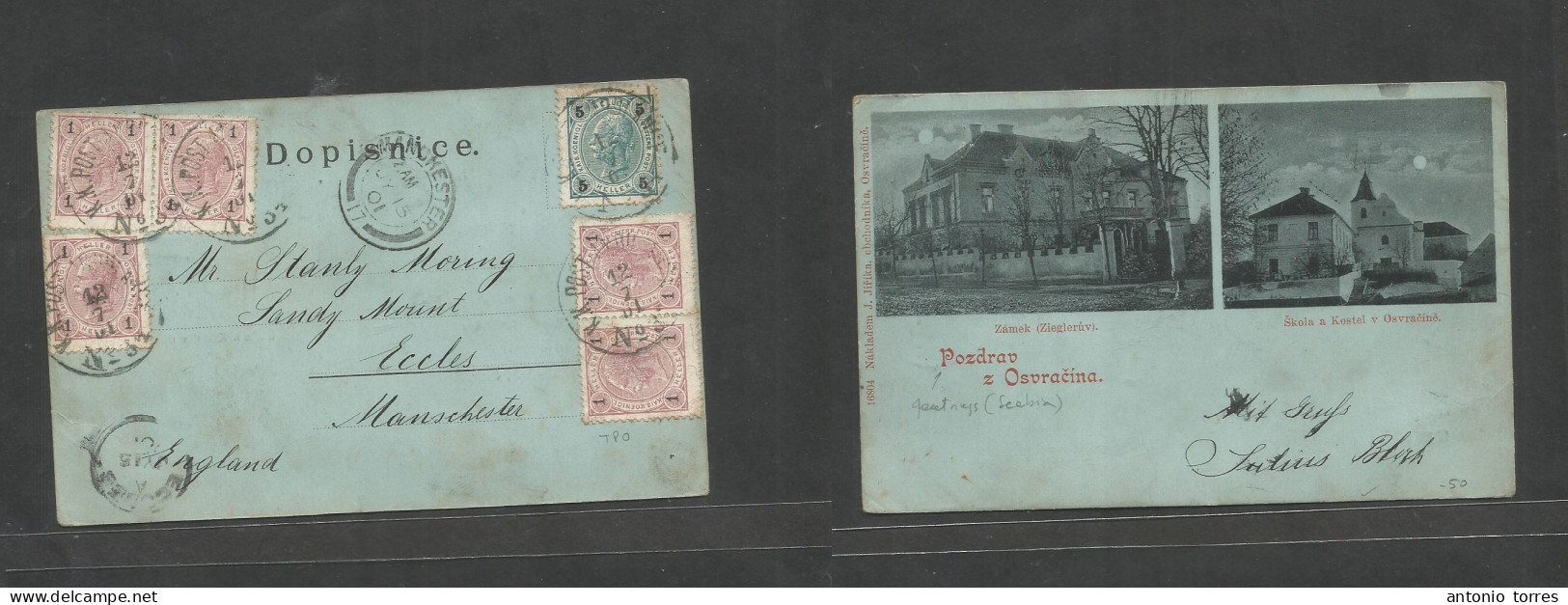 Serbia. 1901 (12 July) Austria Postal Admin. Pozdrav - Manchester, Eccles (15 July) Multifkd Photo Ppc TPO Cancelled, At - Serbien