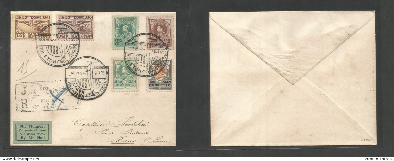 Siam. 1925 (2 May) First Flight Roi Etch - Korat Via Nagor Ryjasina. Local Registered Multifkd Envelope. Special Cachet. - Siam