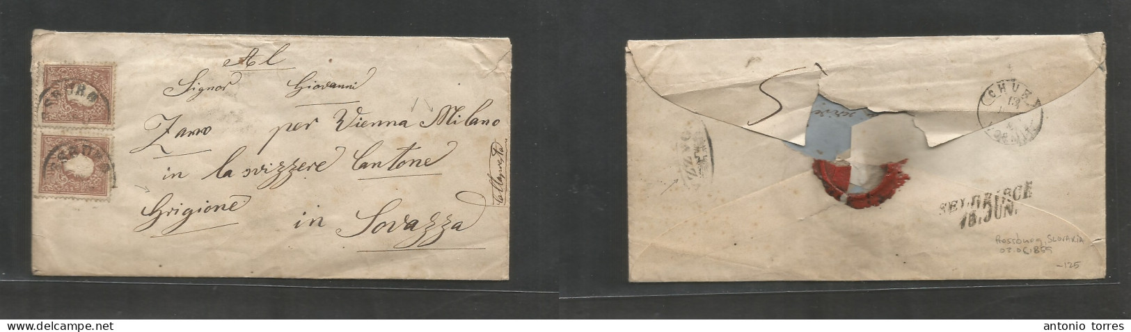 Slovakia. 1859 (13 June) Austria Postal Adm, Pressburg - Switzerland, Canton Grigione. Multifkd Env At 20 Kr Rate, Tied - Other & Unclassified