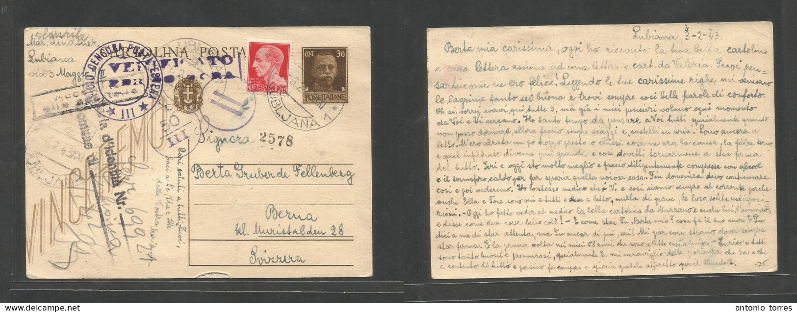 Slovenia. 1943 (6 Febr) Italy Postal Adm, Ljubljana - Bern, Switzerland. 30c Brown Stat Card + 20c Adtl, Tied Cds + Quin - Slovenia