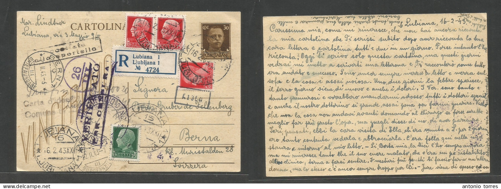 Slovenia. 1943 (16 Febr) Italy Postal Admin, Lubiana - Switzerland, Bern (21 Febr) Registered 30c Brown Multifkd Stat Ca - Slovénie