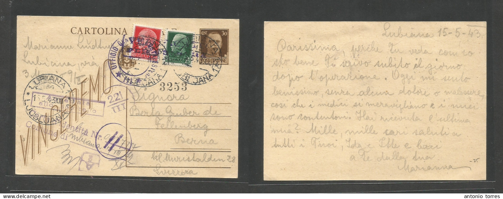 Slovenia. 1943 (15 May) Italian Postal Admin. Ljubljana - Bern, Switzerland. Multifkd Italy 30c Brown Stat Card + 2 Adtl - Slovenia