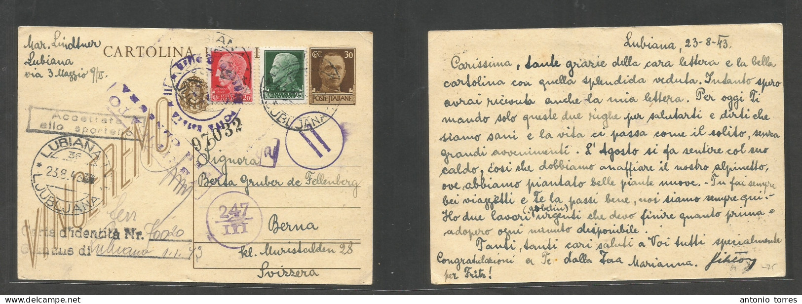 Slovenia. 1943 (23 Aug) Italy Postal Admin, Ljubljana - Bern, Switzerland. Italian Multifkd 30c Brown Stat Env + 2 Adtls - Slovenia