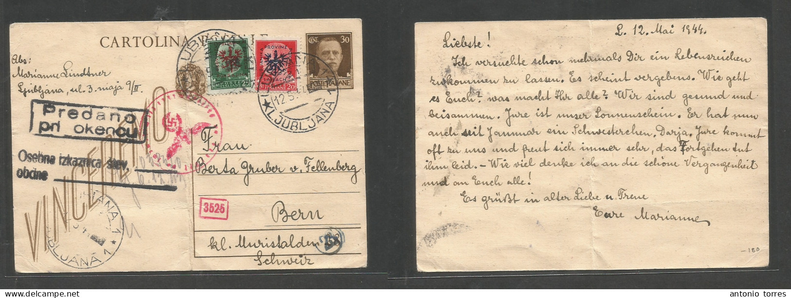Slovenia. 1944 (12 May) Italy Postal Admin. Lubiana - Switzerland, Bern. Triple Censored Incl Nazi 30c Brown Italian Sta - Eslovenia